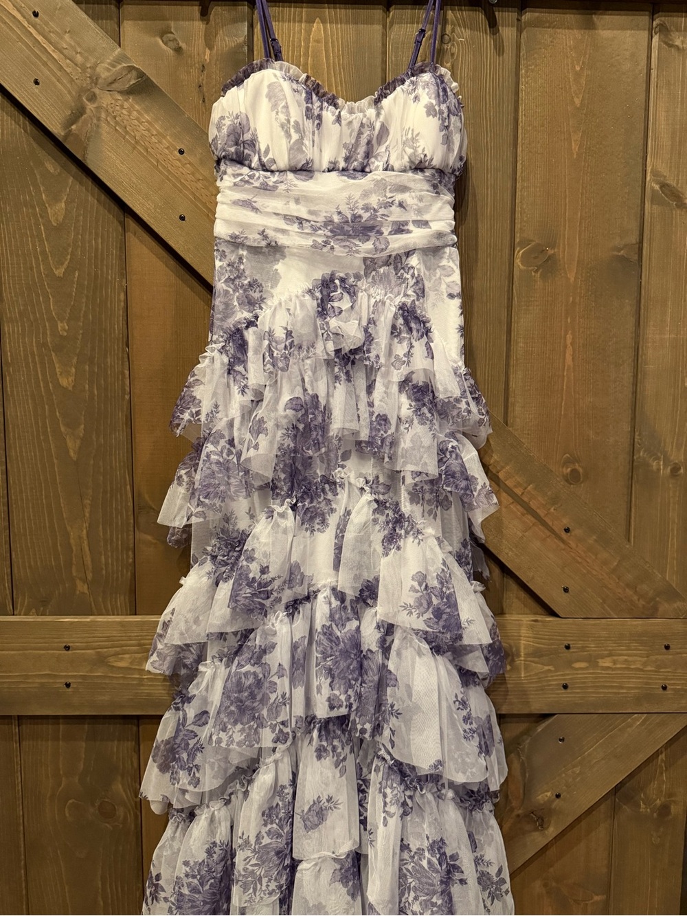 Tiered Lavender Floral Prom Dress with Spaghetti Straps